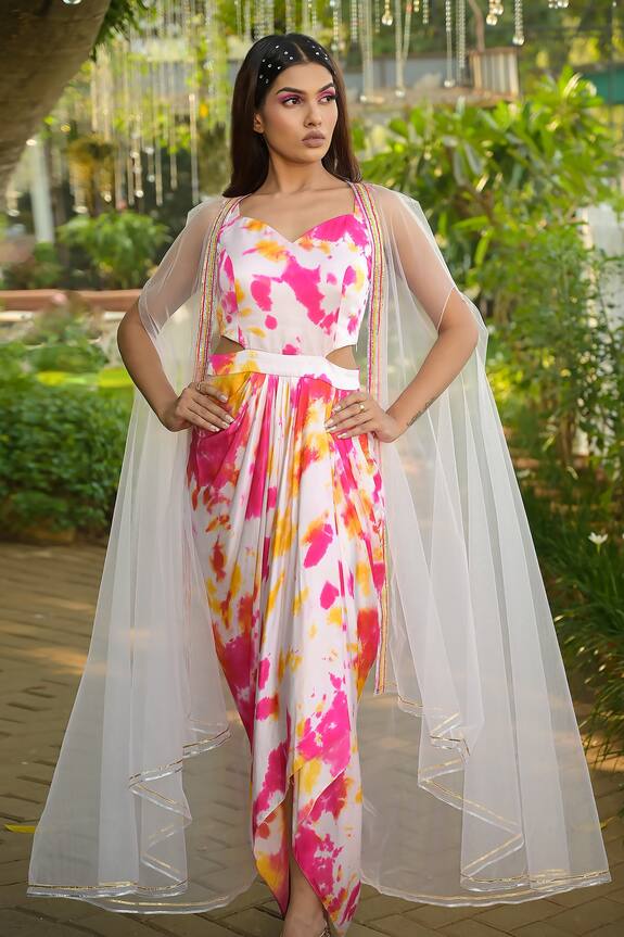 Disha Kahai Tie-Dye Pattern Dress With Cape