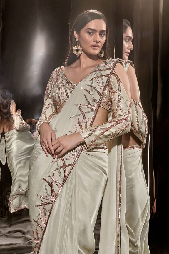 Masumi Mewawalla Embroidered Saree With Off Shoulder Blouse