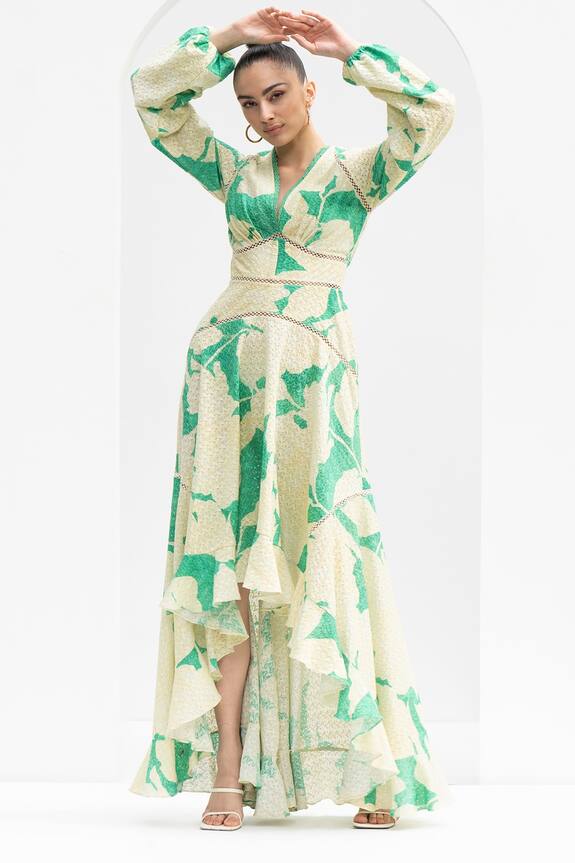 Mandira Wirk Leaf Print Textured High Low Hem Dress