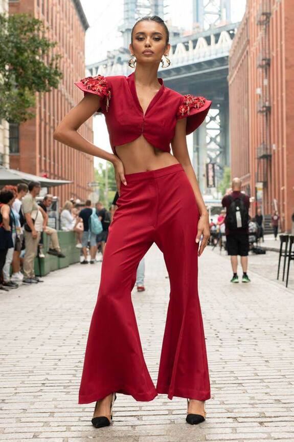 Aashima Behl Power Shoulders Crop Jacket & Flared Pant Set