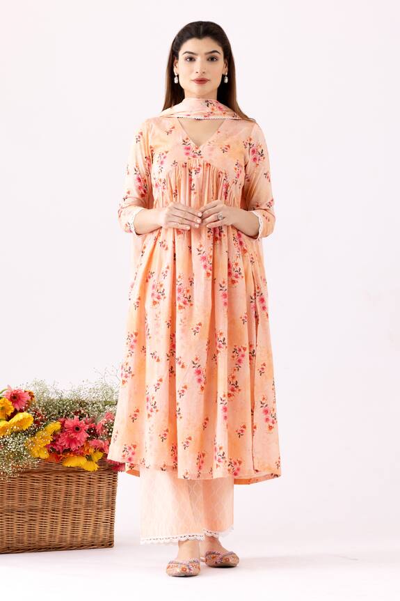 Abbaran Flower Print Gathered Anarkali Set