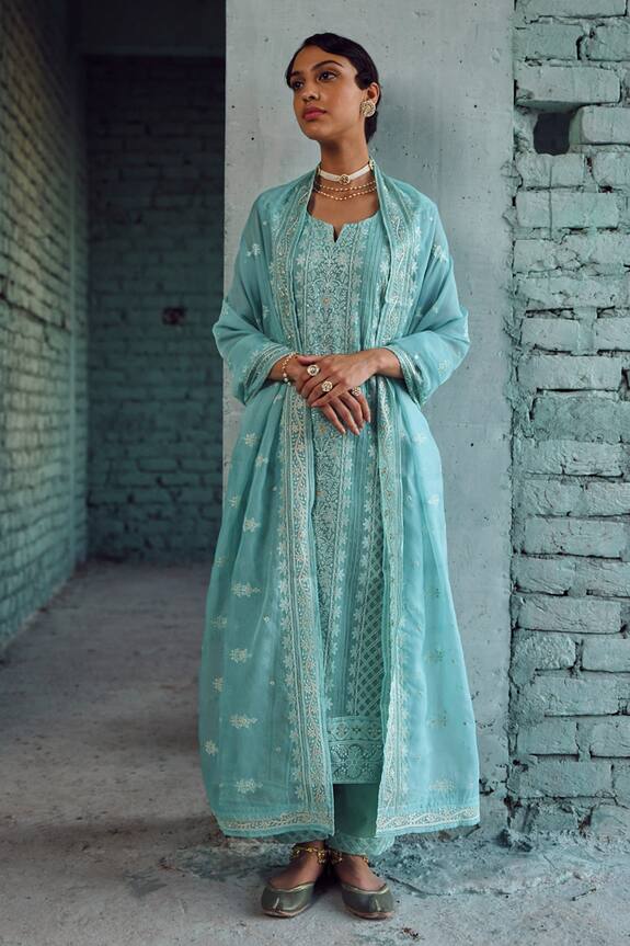 Karaj Jaipur Thread Embroidered Organza Kurta Pant Set