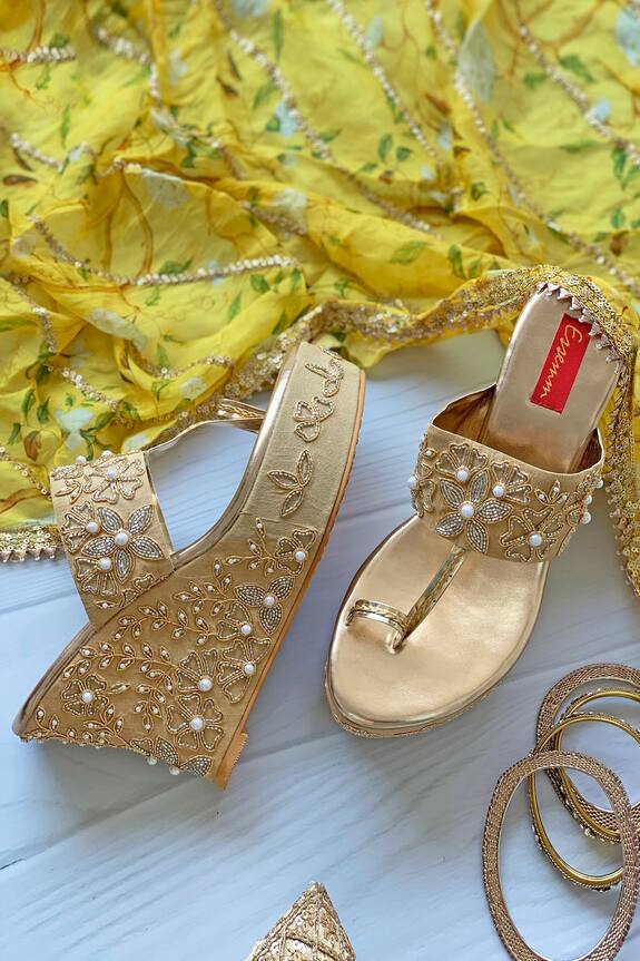 Essem Aarha Floral Embroidered Kolhapuri Wedges
