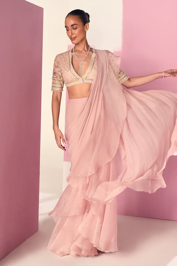 Ridhi Mehra Eera Pre-Draped Ruffle Saree With Embroidered Blouse