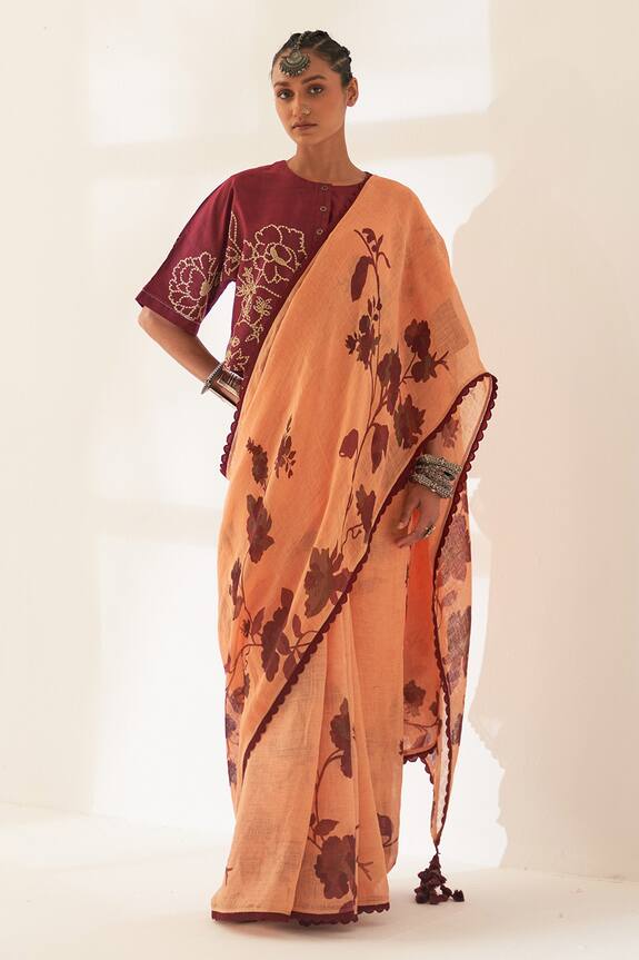 Kasturi Kundal Kunjan Pure Linen Handloom Saree With Unstitched Blouse