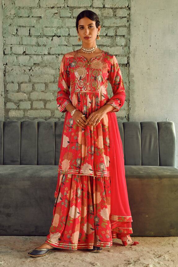 KARAJ JAIPUR Floral Print Flared Kurta Sharara Set