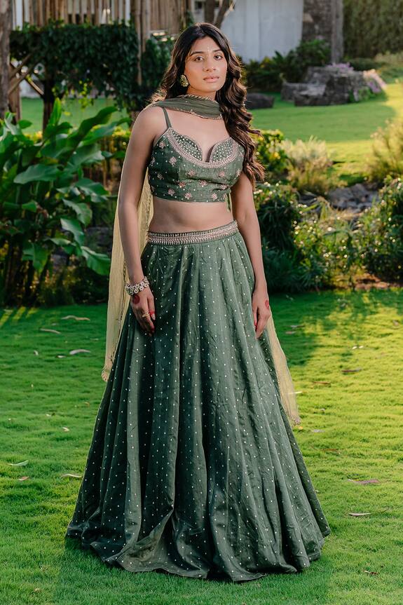 Redpine Designs Chanderi Sequin Hand Embroidered Lehenga Set