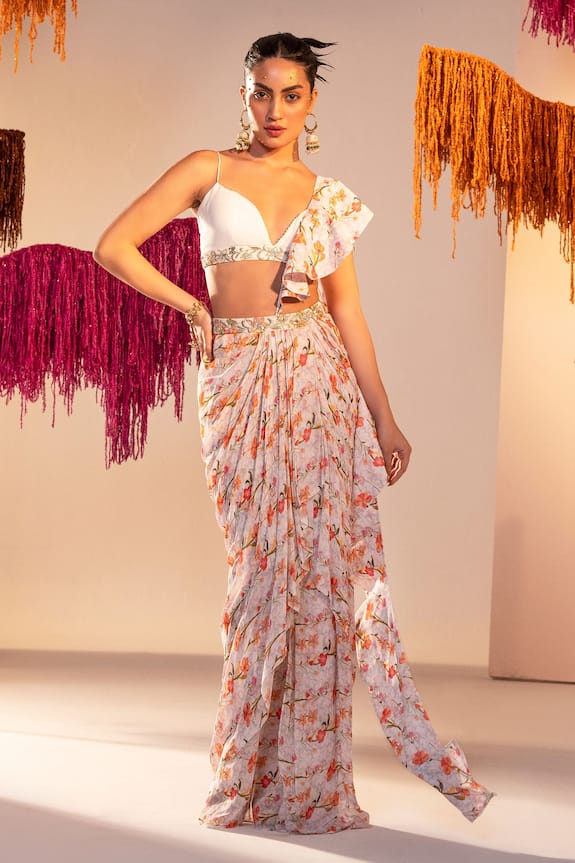 Silky Bindra Floral Print Draped Skirt Set With Frill Dupatta