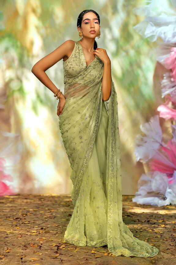 Talking Threads Silk Organza Zari Embellished Saree With Blouse
