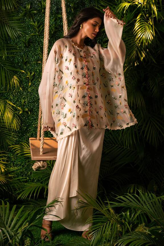 Pallavi Poddar Garland Floral Embroidered Top & Draped Skirt Set