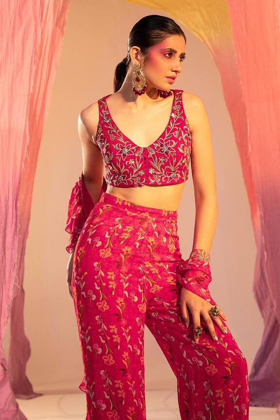 Silky Bindra Flower Embroidered Blouse & Pant