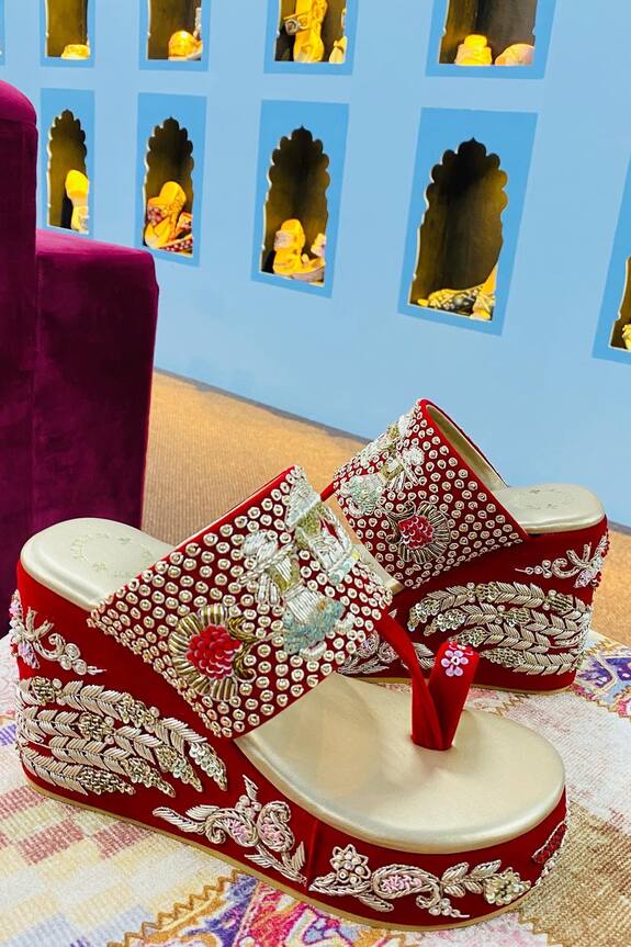 Rajasthani Stuff Doli Embroidered Velvet Kolhapuri Wedges