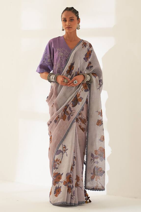 Kasturi Kundal Jamun Pure Linen Handloom Saree With Unstitched Blouse