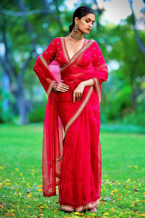 Talking Threads Silk Organza Sheer Saree With Embroidered Butti Blouse