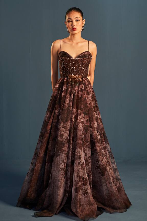 Cedar & Pine Sepia Sequin Embroidered Gown