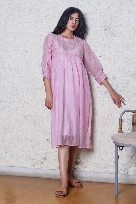 TATWA Handloom Chanderi Yoke Embroidered Dress