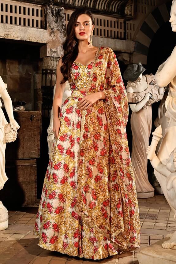 sanam lalwani Joelle Pomegranate Garden Print Lehenga Set