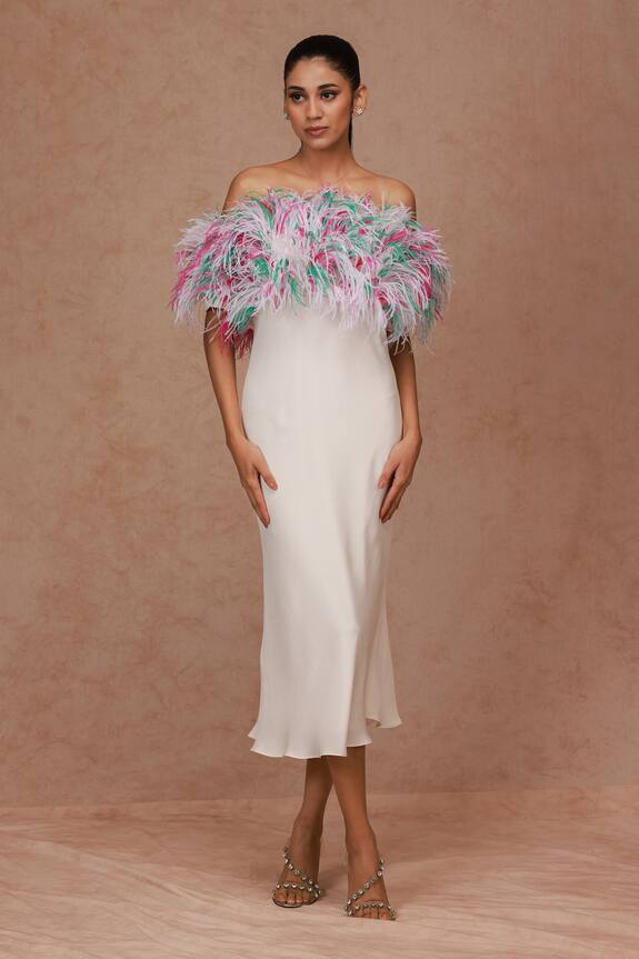 Shriya Som Faux Feather Applique Bias Cut Midi Dress