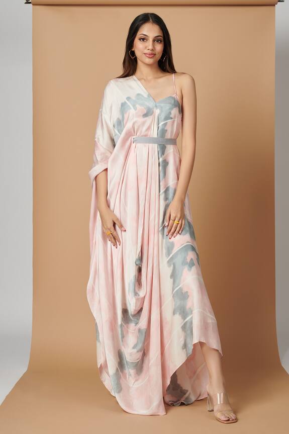 Vedika M Hand Brush Painted Satin Draped Dress