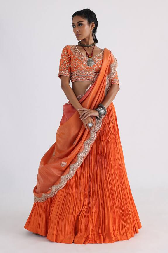 Smriti by Anju Agarwal Pleated Lehenga Embroidered Blouse Set