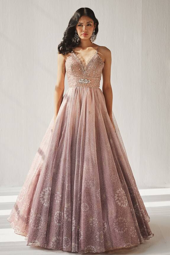 Cedar & Pine Pale Scattered Sequin Embroidered Gown