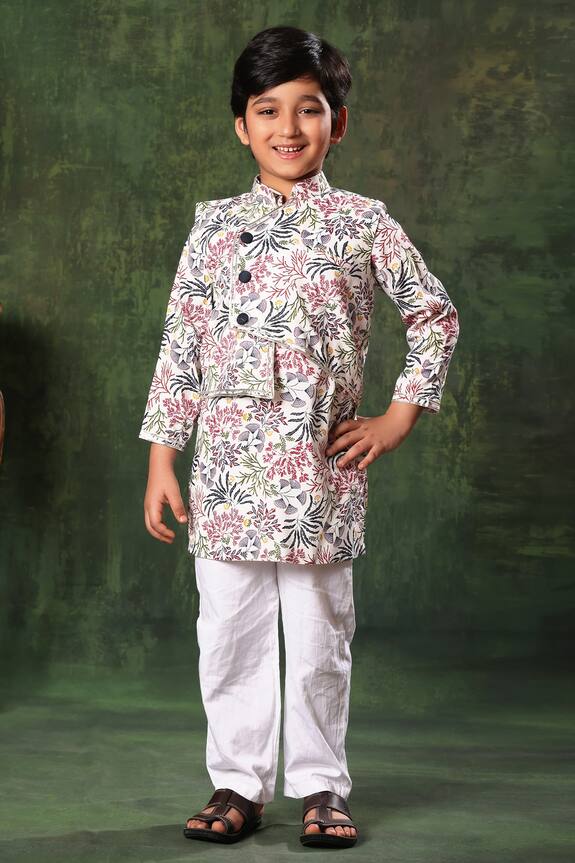 LittleCheer Printed Kurta Set With Asymmetric Panel Jacket