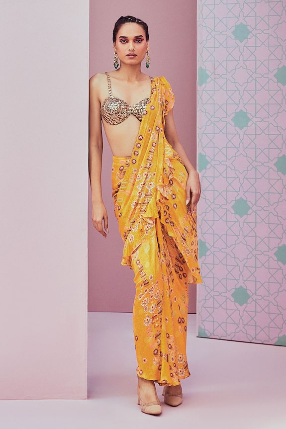 Krisha sunny Ramani Jhumka Pattern Pre Draped Saree With Embellished Blouse