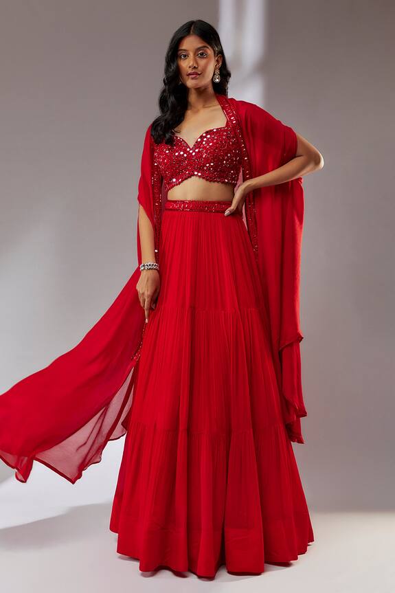 Neha Khullar Mirror Embroidered Border Chiffon Cape Lehenga Set