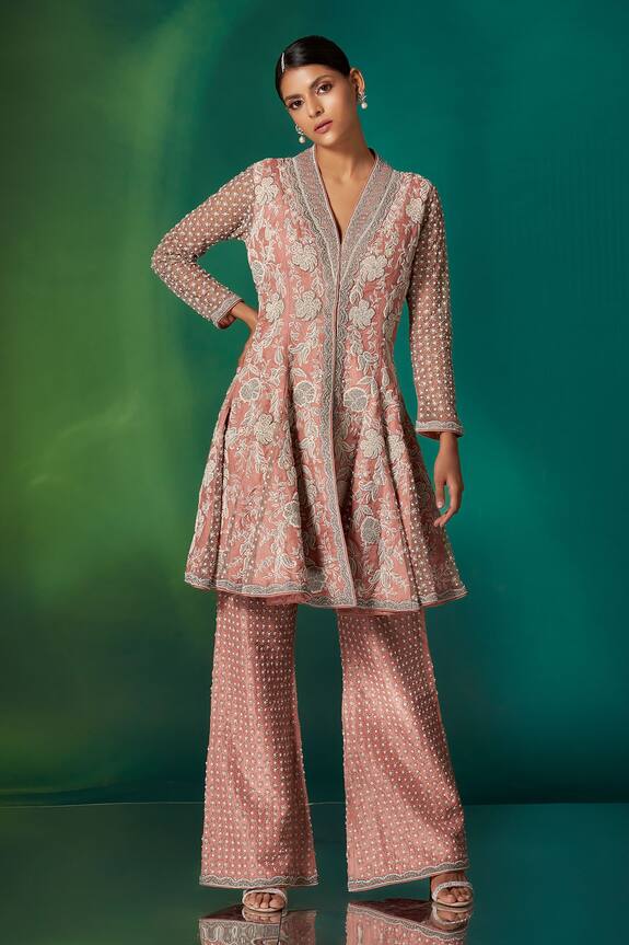 Stotram Hand Embroidered Organza Peplum Kurta & Pant Set