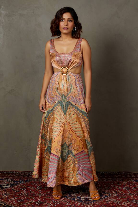RI.Ritu Kumar Petunia Embroidered & Abstract Print Cutout Dress