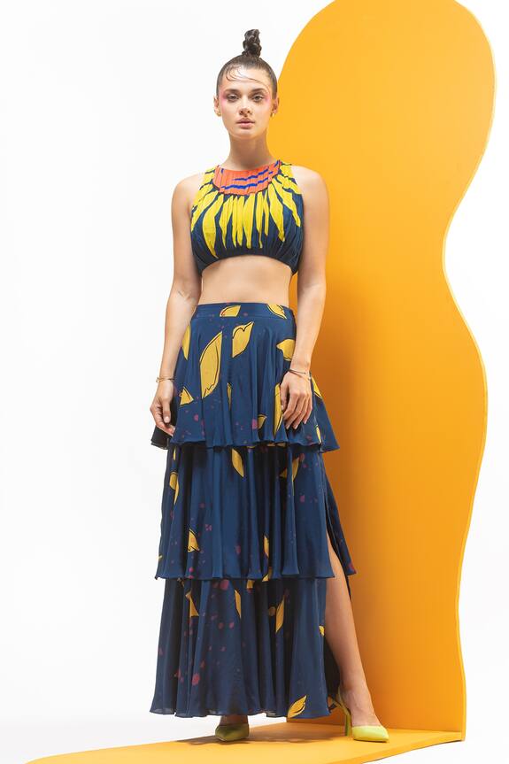 Nautanky Artistic Print Crop Top & Tiered Skirt Set