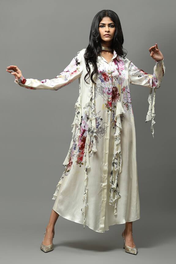 Anamika Khanna Floral Print Ruffle Shirt Dress