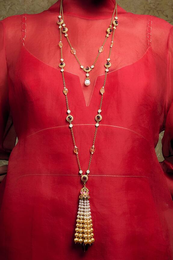 Tarun Tahiliani Cabochon Embellished Lariat Necklace