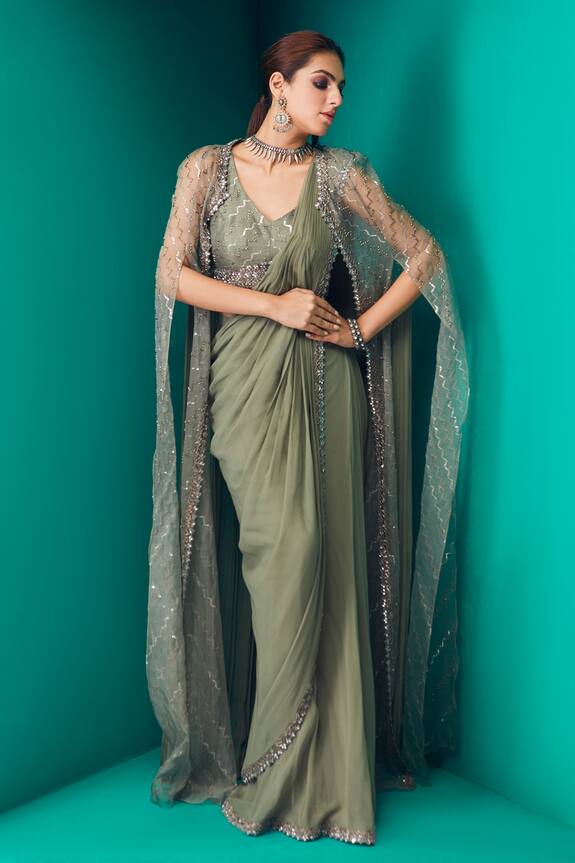 Rishi and Soujit Pre-Draped Saree With Sheer Cape