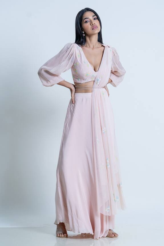 Nautanky Plunging V Neck Floral Work Blouse Skirt Set