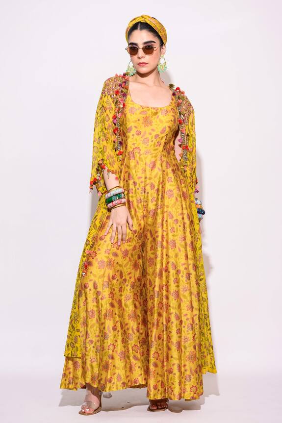 Aangan by Parul Floral Print Jumpsuit With Embellished Shrug