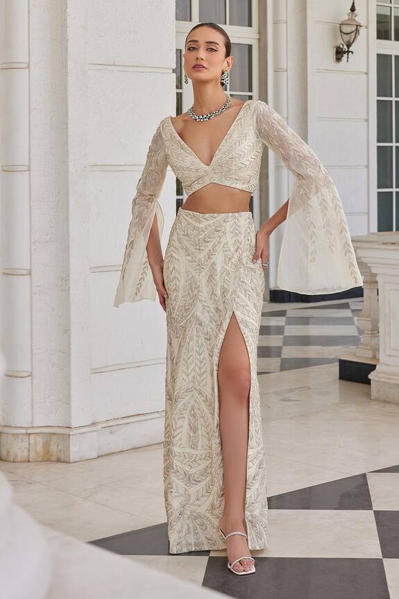 Charu and Vasundhara Saia Bell Sleeve Embroidered Blouse & Skirt Set