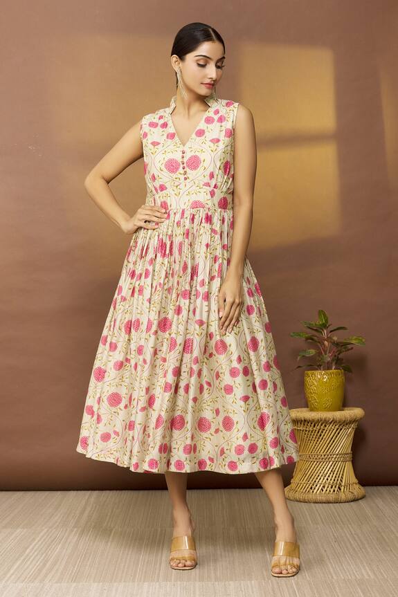 Nazaakat by Samara Singh Floral Print Midi Dress
