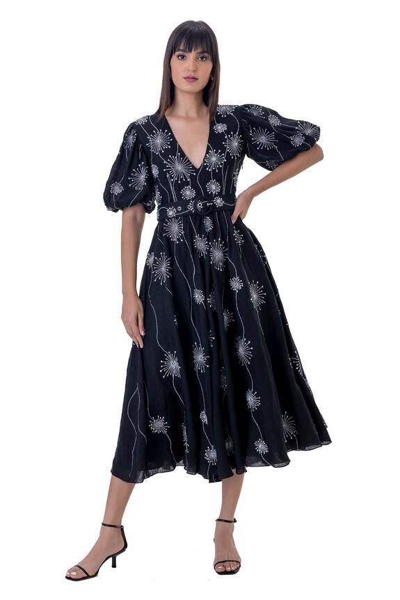 Gaya Floral Embroidered Midi Dress With Belt