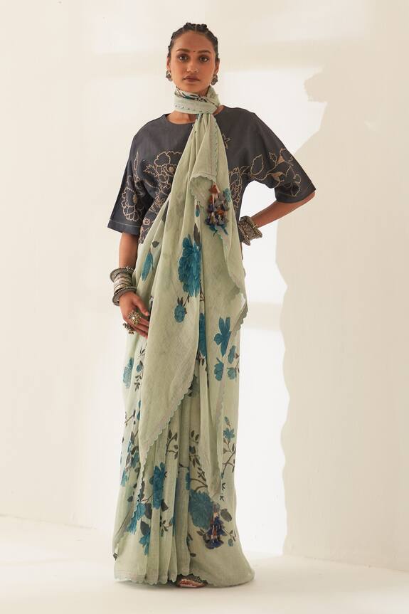 Kasturi Kundal Goolar Pure Linen Handloom Saree With Unstitched Blouse