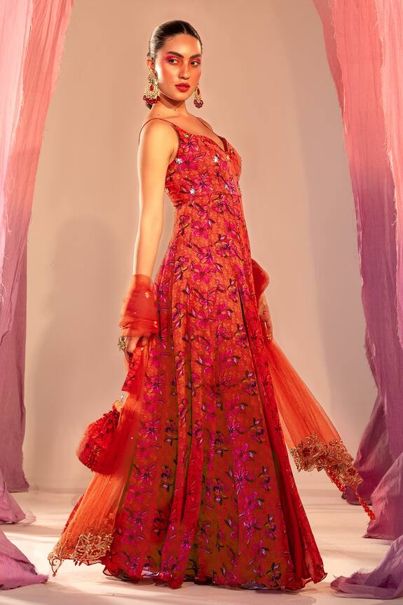 Silky Bindra Thigh High Slit Floral Print Anarkali With Dupatta