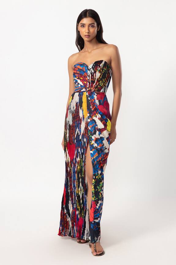 Saaksha & Kinni Abstract Floral Print Strapless Gown