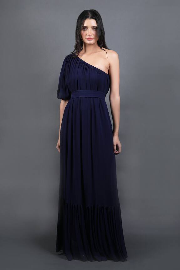 Swatee Singh Pleated Hem One-Shoulder Gown