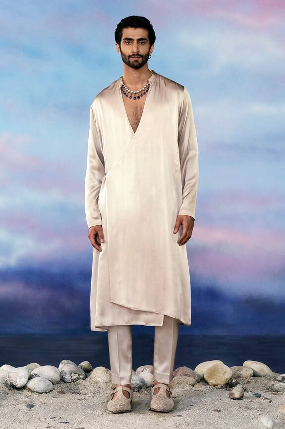Rohit Gandhi + Rahul Khanna Asymmetric Hem Satin Wrap Kurta Set