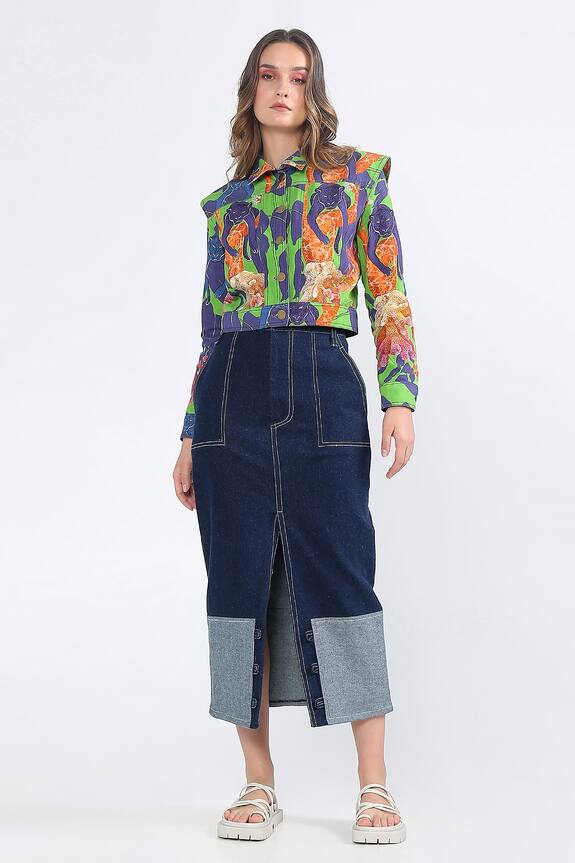 Ekastories Denim Color Block Front Slit Skirt