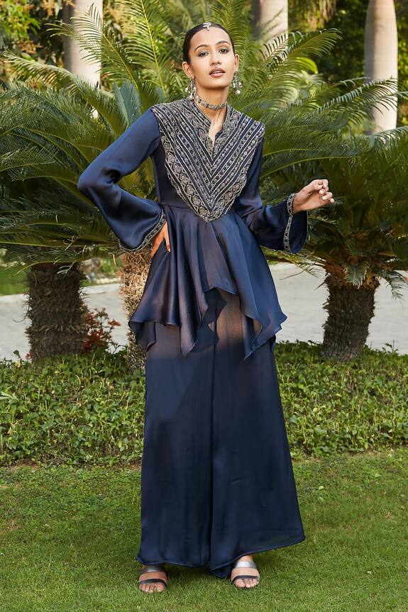 Bohame Zahrah Embellished Peplum Top With Flared Pant