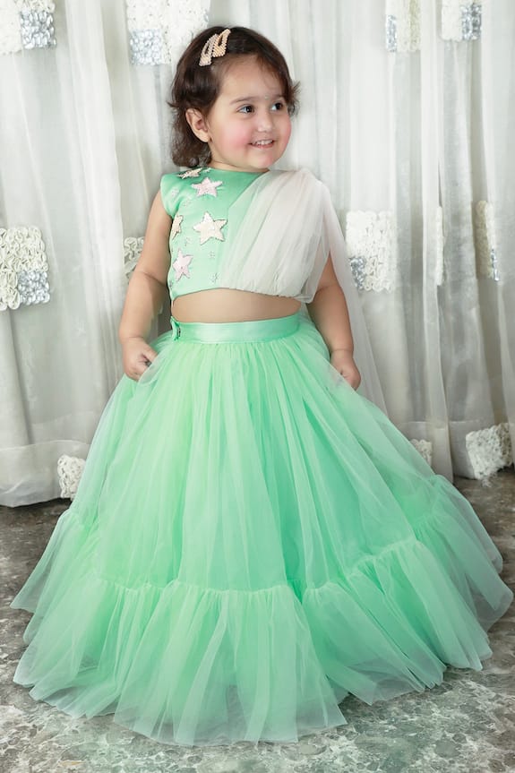 Darleen Kids Couture Star Embroidered Crop Top & Lehenga Set