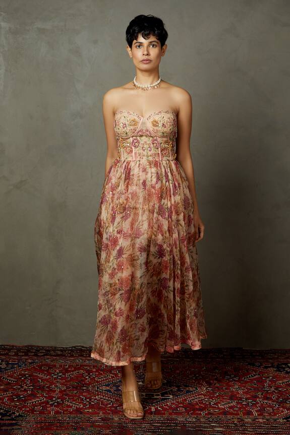 RI.Ritu Kumar Magnolia Flared Embroidered Bandeau Dress