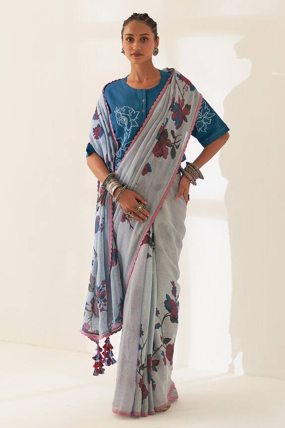 Kasturi Kundal Mahua Pure Linen Handloom Saree With Unstitched Blouse