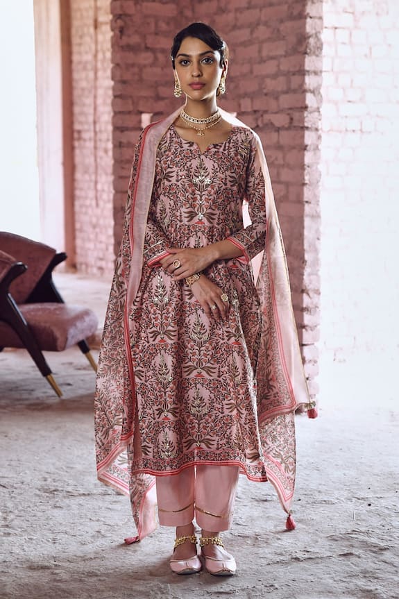 KARAJ JAIPUR Chanderi Floral Print Kurta Pant Set